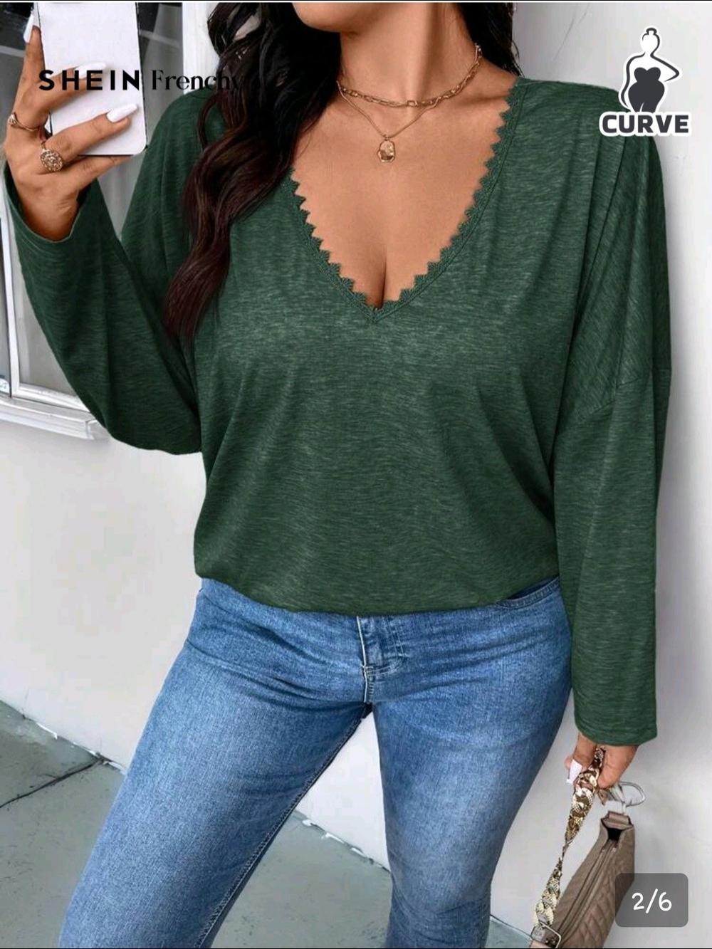SHEIN Curve Deep V-Neck Long Sleeve Top
